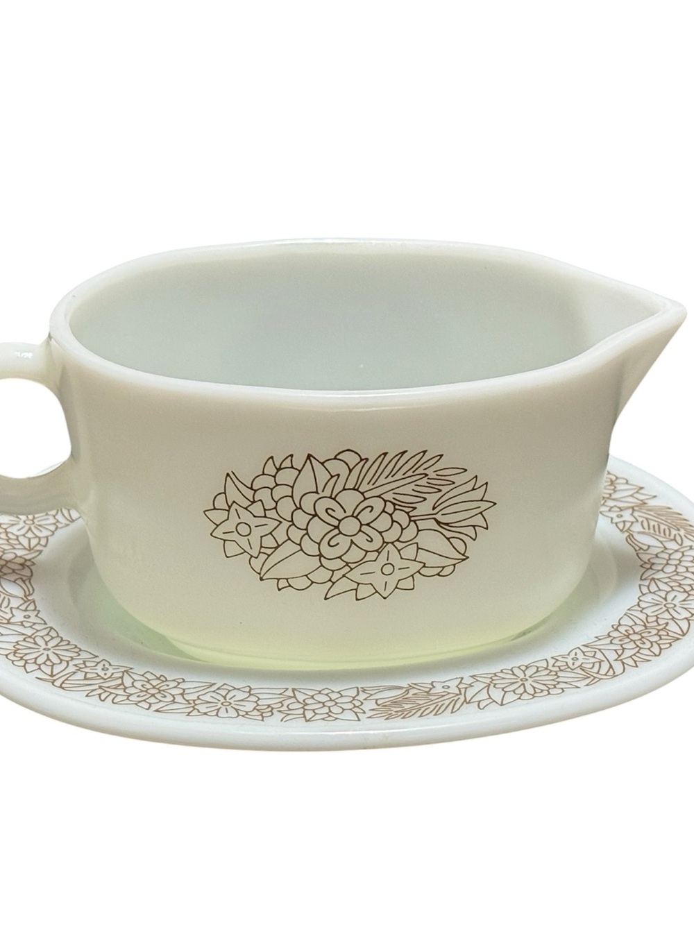 Pyrex Woodland Gravy Boat & Underplate Dish Milk Glass 1970s White Brown Durable